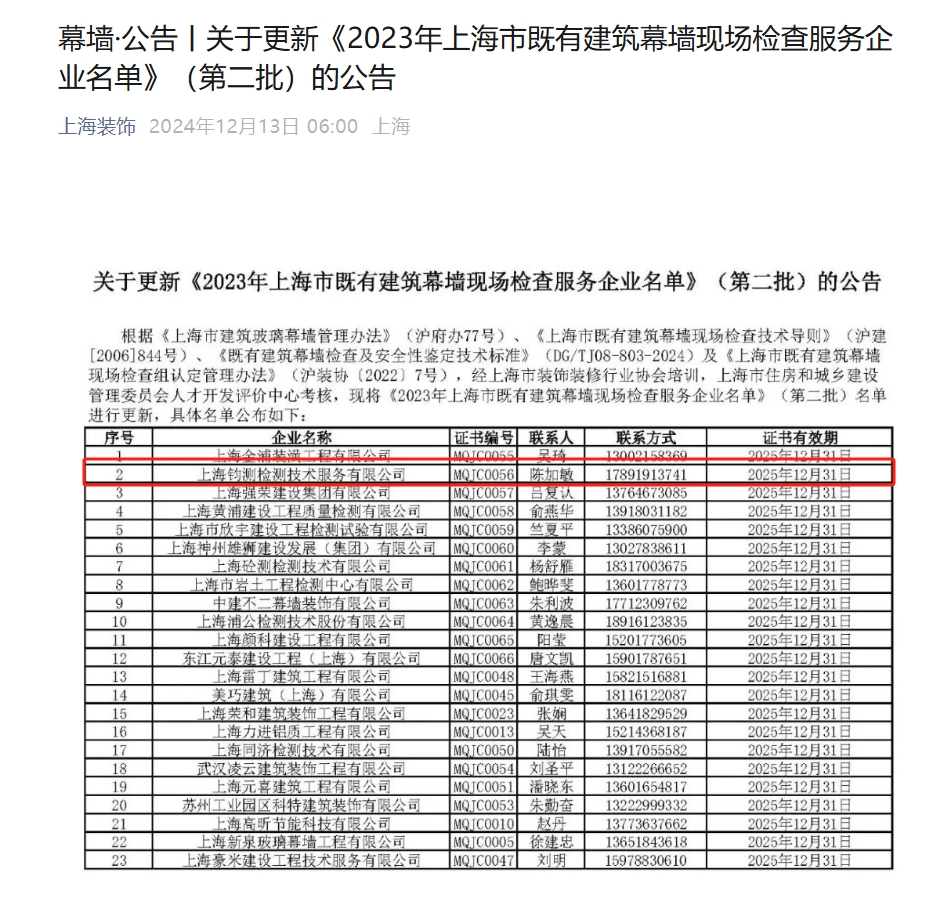 關(guān)于更新《2023年上海市既有建筑幕墻現(xiàn)場(chǎng)檢查服務(wù)企業(yè)名單》（第二批）的公告